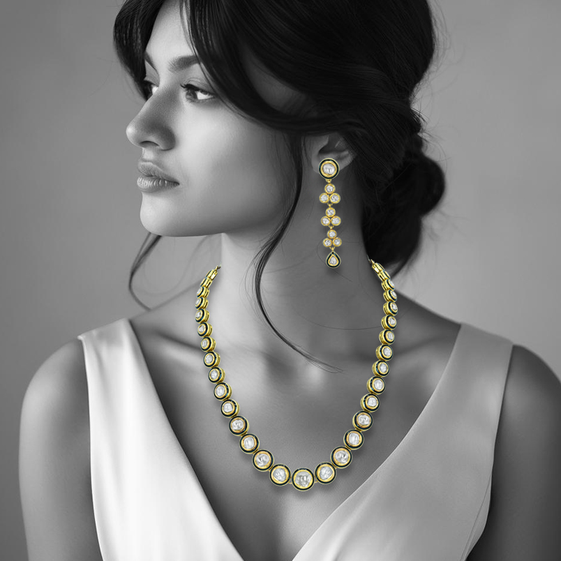 Black Enamel Polki Diamond Necklace Set for Timeless Elegance